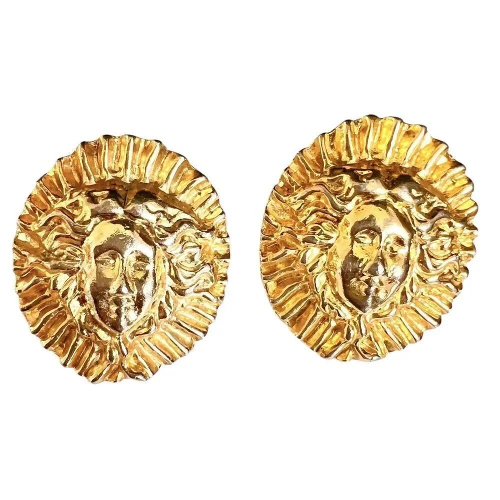 Vintage French Sun King Earrings 3d Clip On Gold Tone Sun Face Sunshine 4723